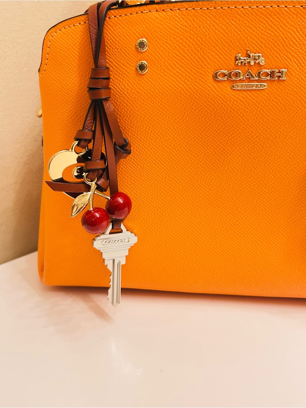 NWOT Coach Love Denim Cherry/Heart/ Key Genuine Leather Bag Charm - Picture 8 of 11